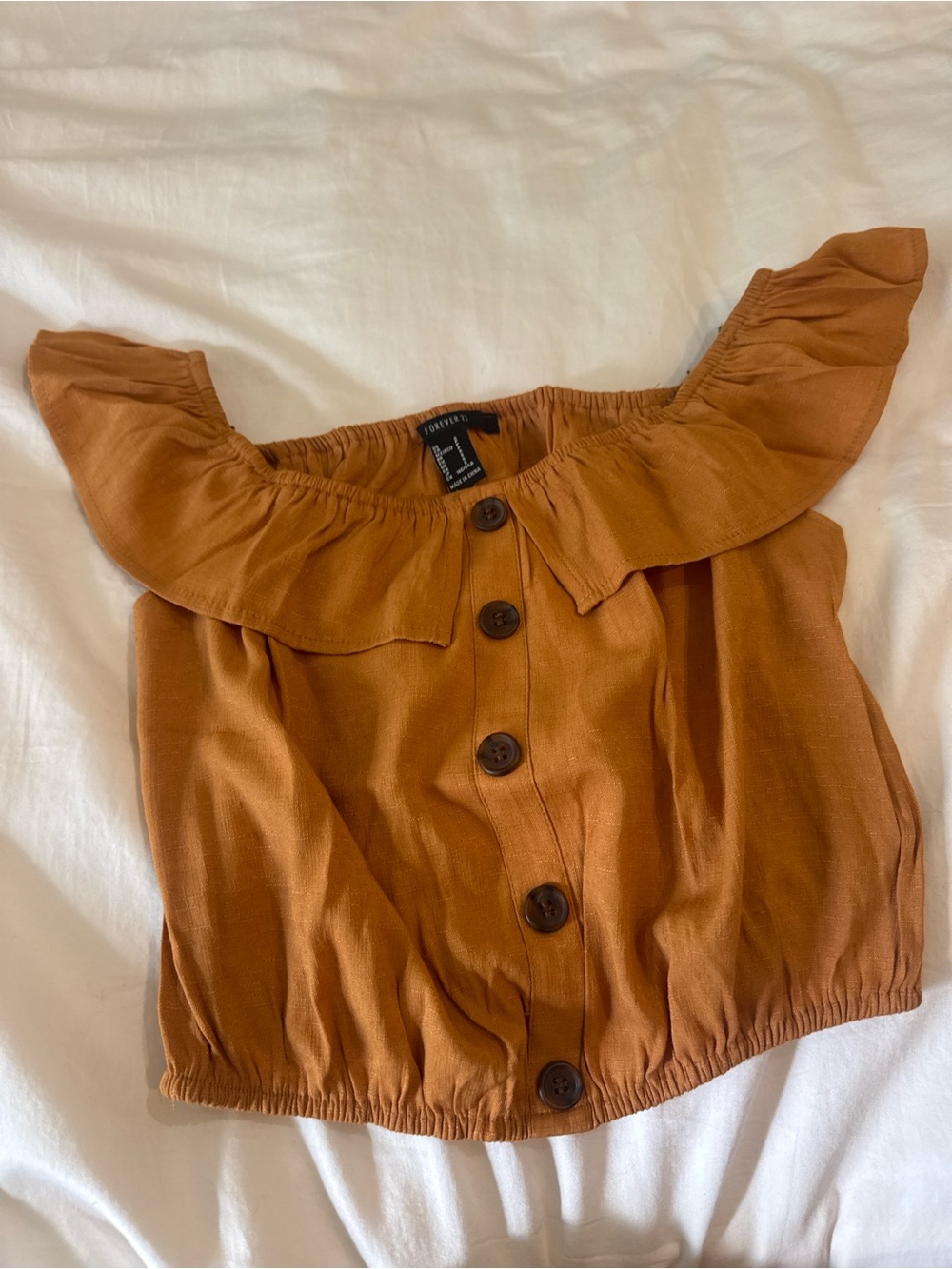 Forever 21 Rust-Colored Off-Shoulder Button Crop Top